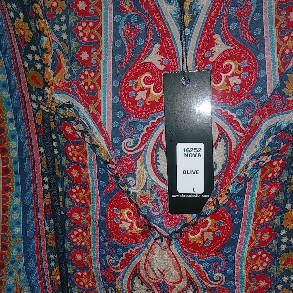 Tolani NOVA L Silk Boho Paisley Rich Colors Caftan Dress in Turquoise n Red - Picture 8 of 11